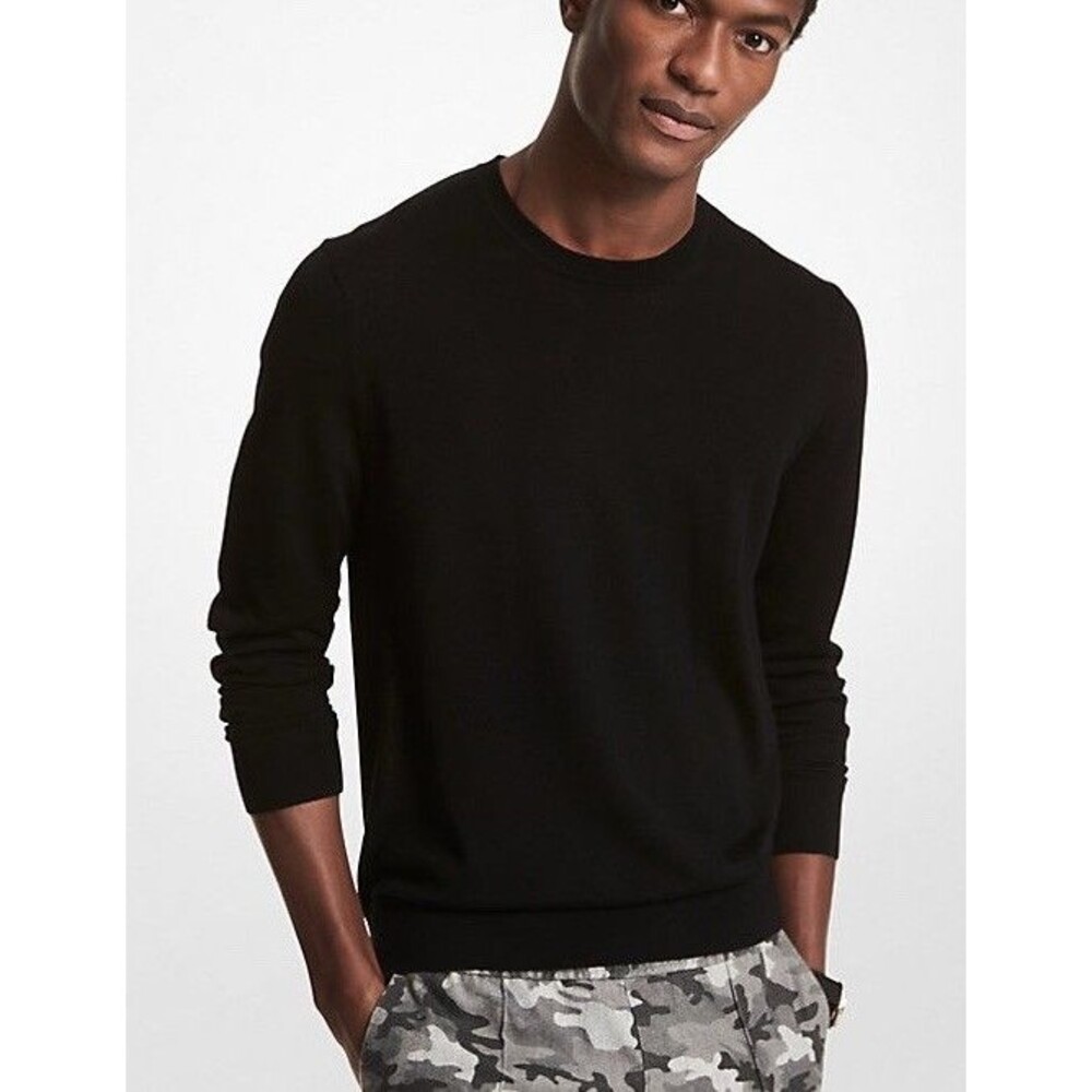 MICHAEL KORS Mens M Black Lightweight Knit Merino Wool Crewneck Sweater Jumper